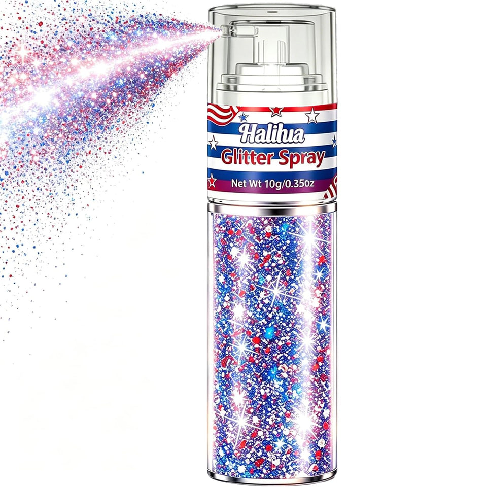 Lingyun front packaging showing patriotic red white blue glitter spray benefit quick application