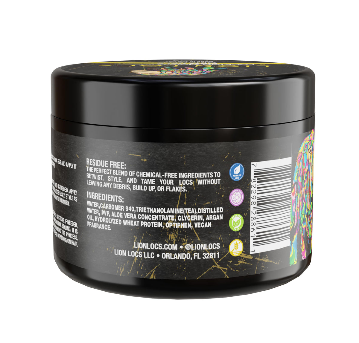 Lion Locs back label listing ingredients and residue-free promise