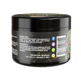Lion Locs back label listing ingredients and residue-free promise