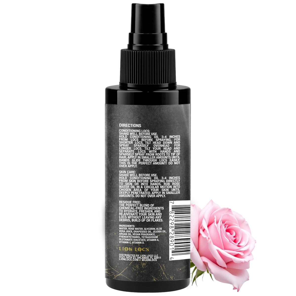 Lion Locs bottle with rose petals indicating natural rosewater soothing
