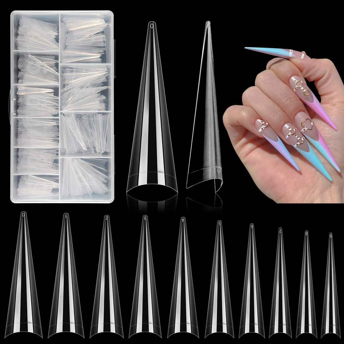 LIONVISON front packaging showing 500pcs stiletto tips, large selection benefit