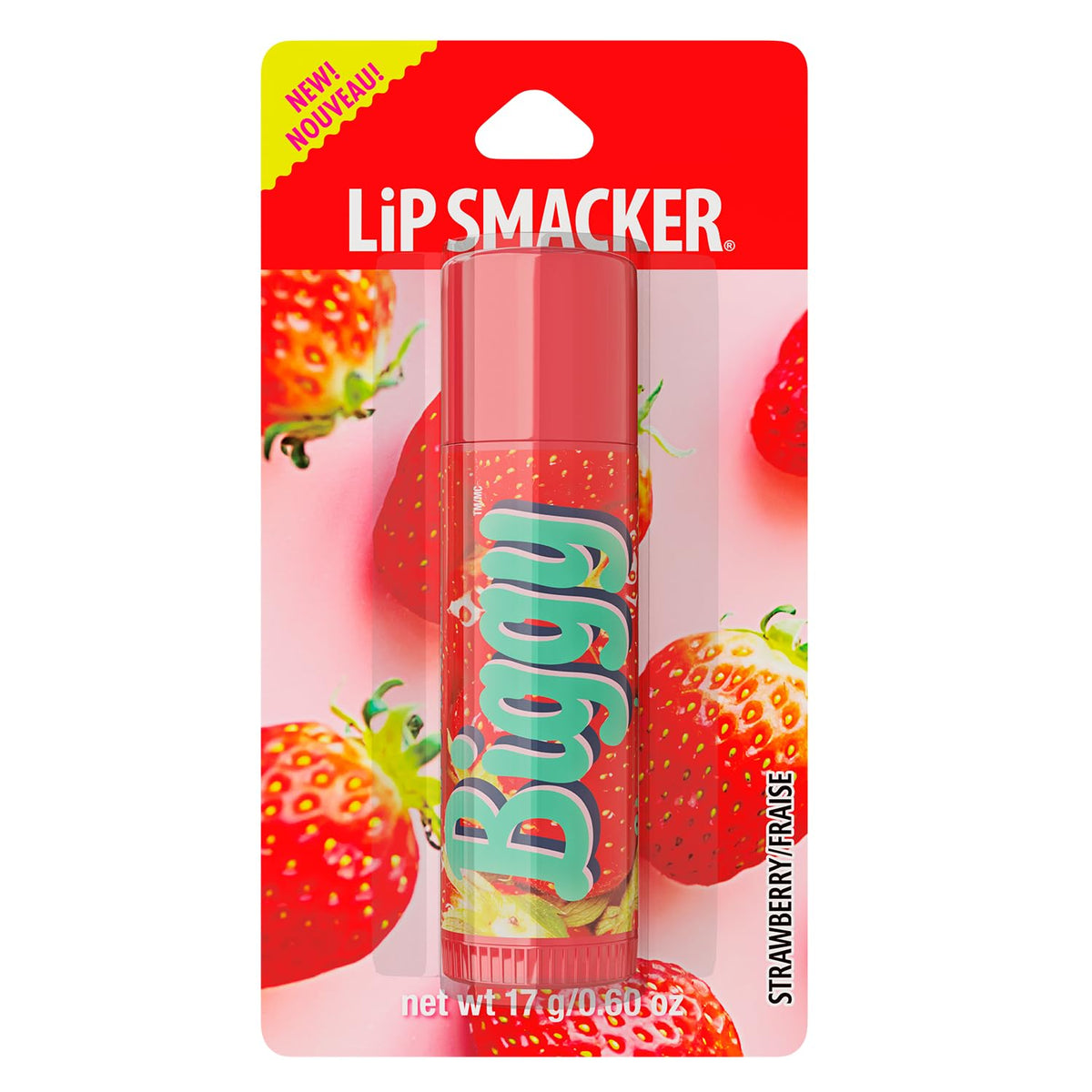 Lip Smacker Biggy front packaging showing strawberry label and playful design for giftability