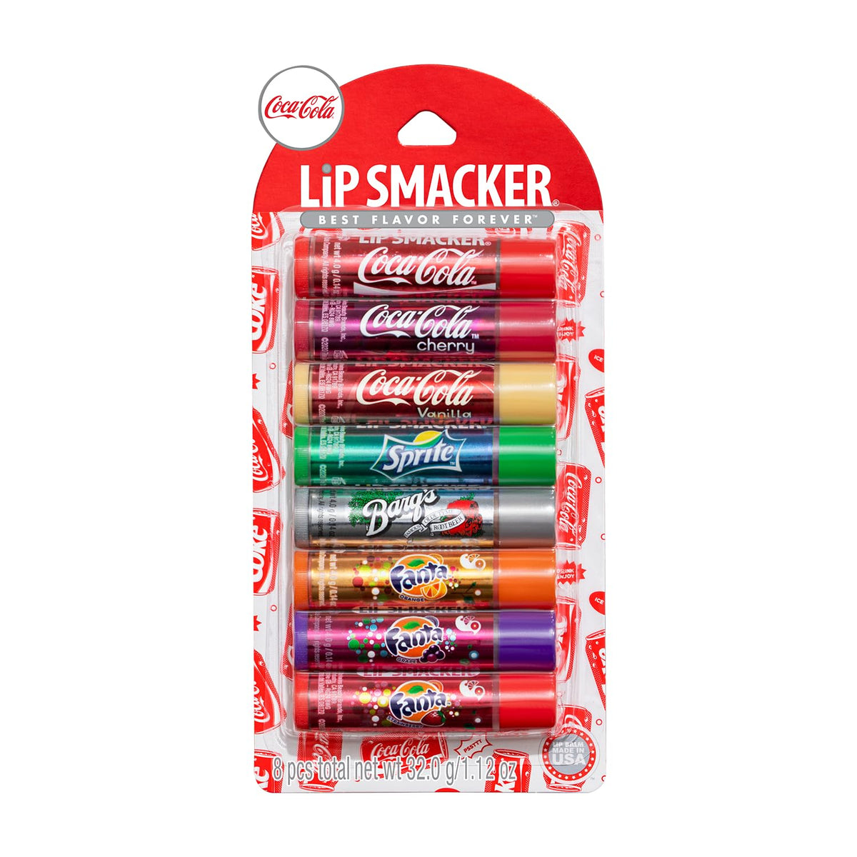 Lip Smacker front packaging showing all eight Coca-Cola flavors and playful design for collectibility
