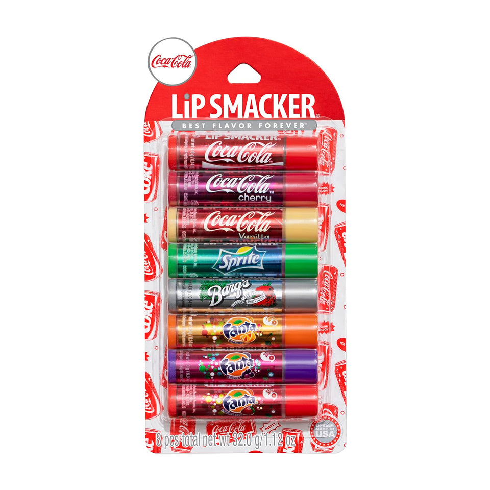 Lip Smacker front packaging showing all eight Coca-Cola flavors and playful design for collectibility