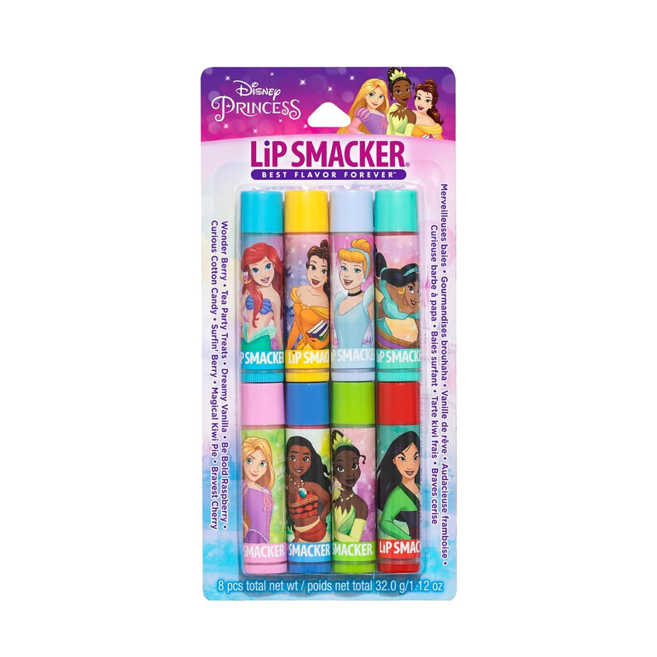 Lip Smacker front packaging showing Disney Princess designs and eight tubes, brand fun