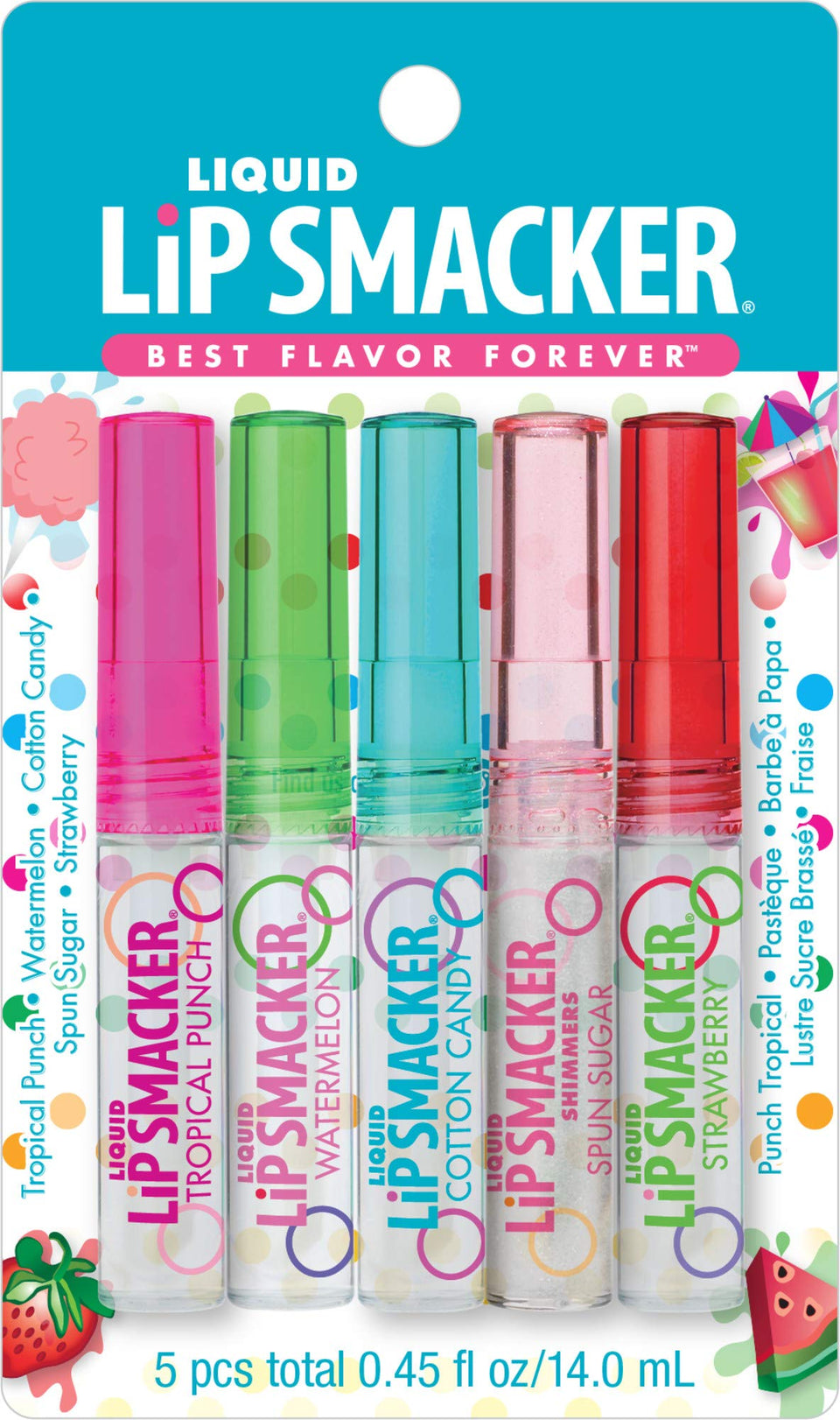 Lip Smacker front packaging showing five glosses and flavors for quick selection