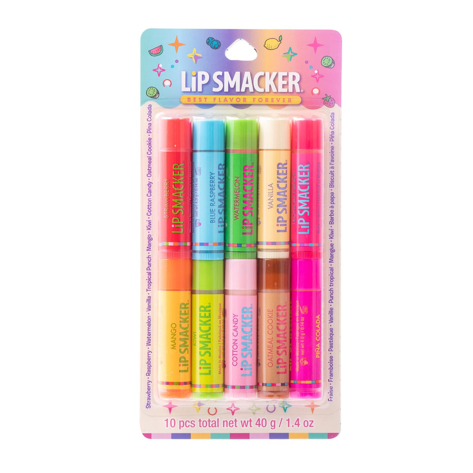 Lip Smacker front packaging showing Oatmeal Cookie and nine other colorful tubes and variety