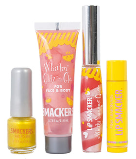 Lip Smacker set in use with child applying gloss and smiling for fun shimmer