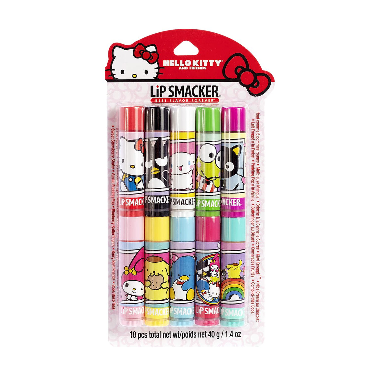 Lip Smacker front packaging showing Sanrio characters and colorful tubes, evokes fun