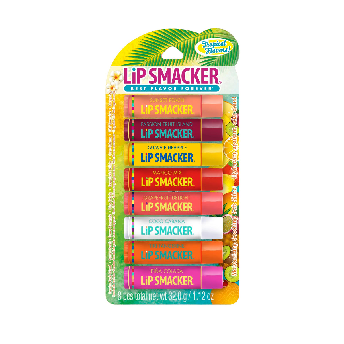 Lip Smacker front packaging showing eight tropical-flavored tubes and colorful labels for variety