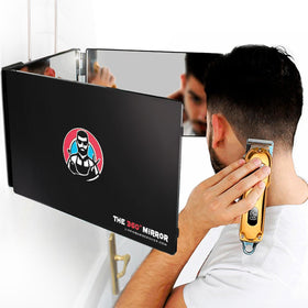 LIPFISBARBERSHOP.COM front view of tri-fold mirror showing full three-sided view and precision