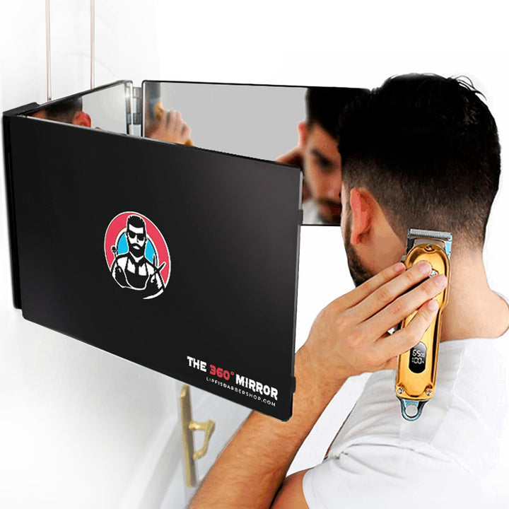 LIPFISBARBERSHOP.COM front view of tri-fold mirror showing full three-sided view and precision