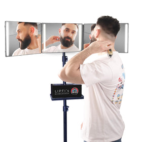 LIPFISBARBERSHOP front view of 360° trifold mirror showing clear reflection benefit