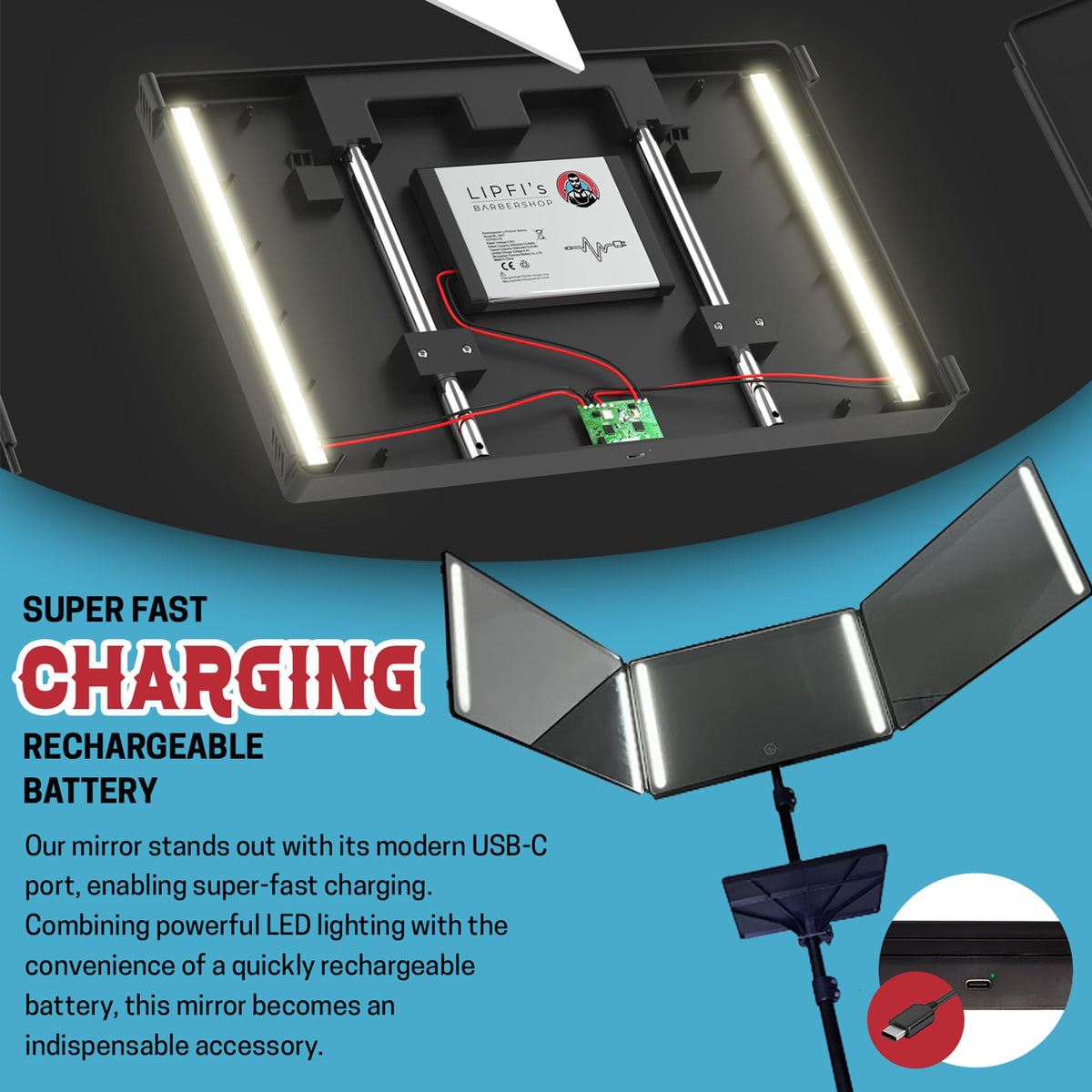 LIPFISBARBERSHOP USB-C port and cable highlighting fast recharge convenience