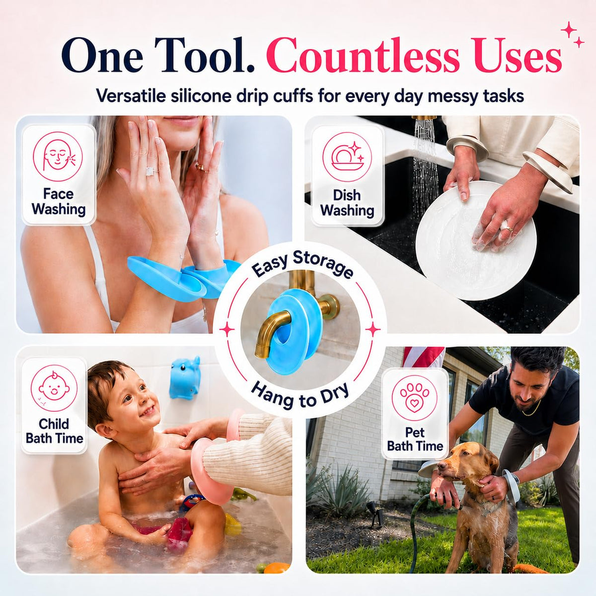 Liquilinks in-use during face wash keeping clothing dry and routines tidy