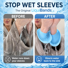 Liquilinks worn while bathing a small dog reducing splashes and cleanup