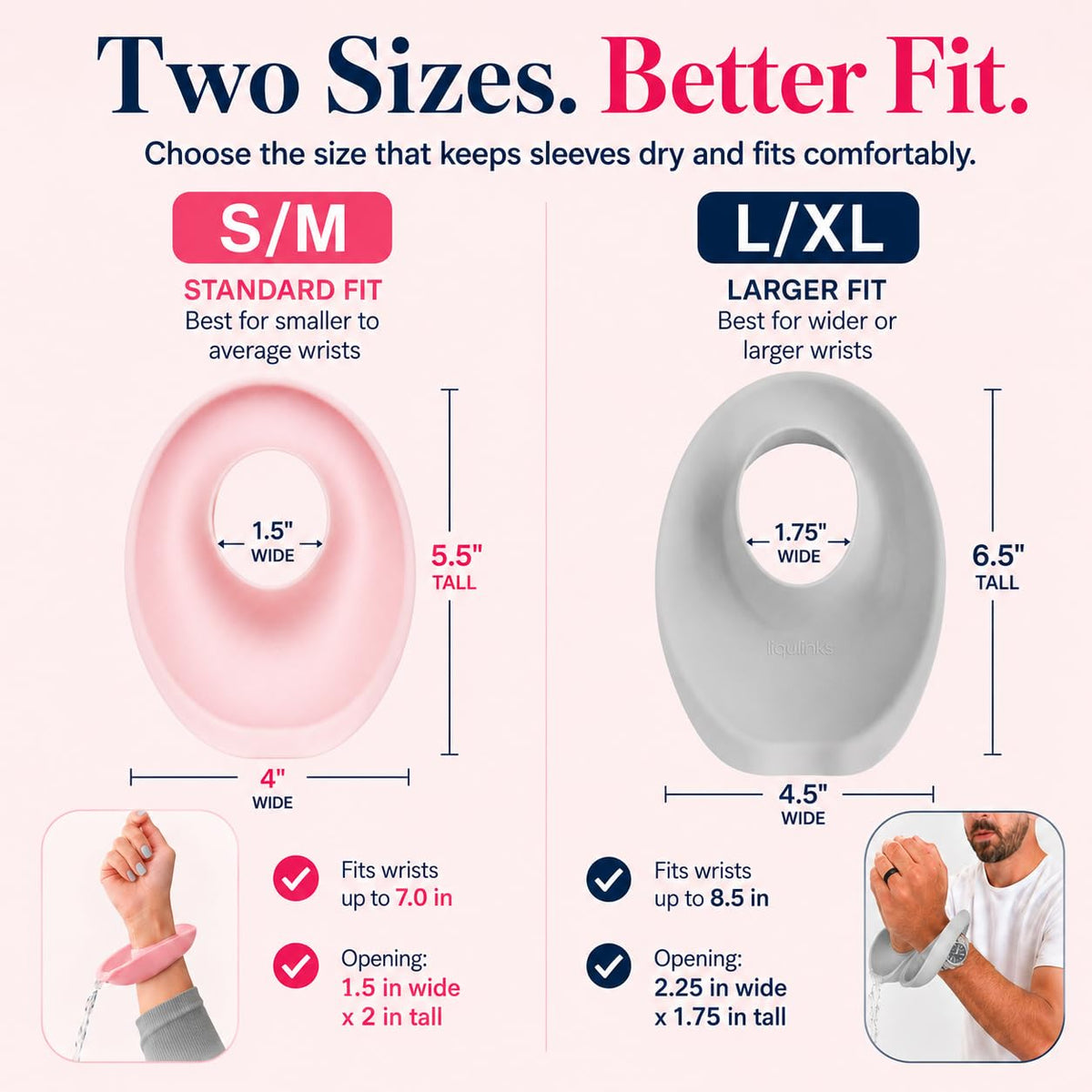 Liquilinks next to hand for size comparison showing S/M fit and comfort