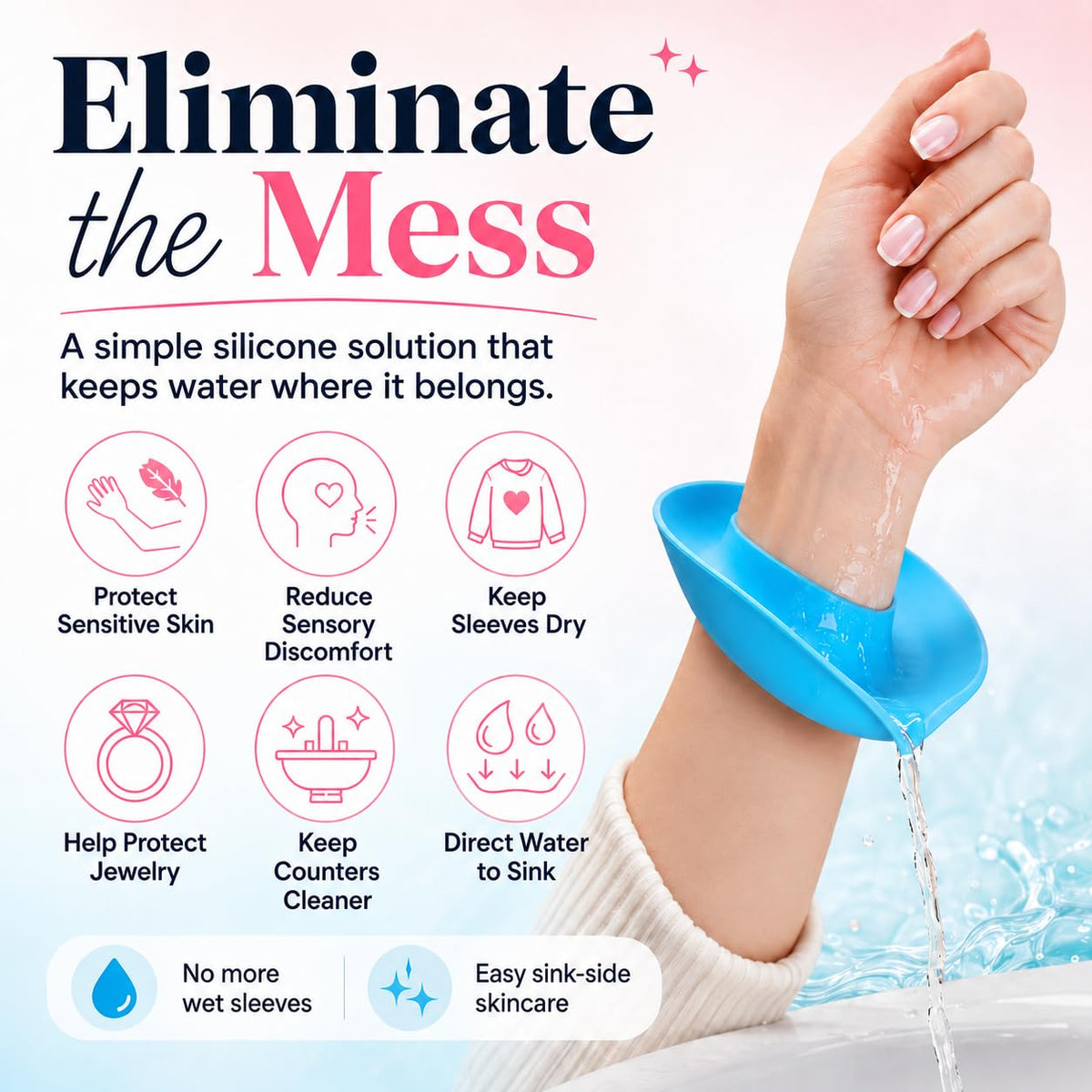 Liquilinks wristband on sink catching water droplets to prevent wet sleeves