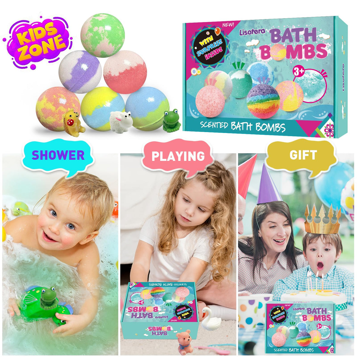 Lisotera colorful bath bombs array top view, vibrant scents and playful colors