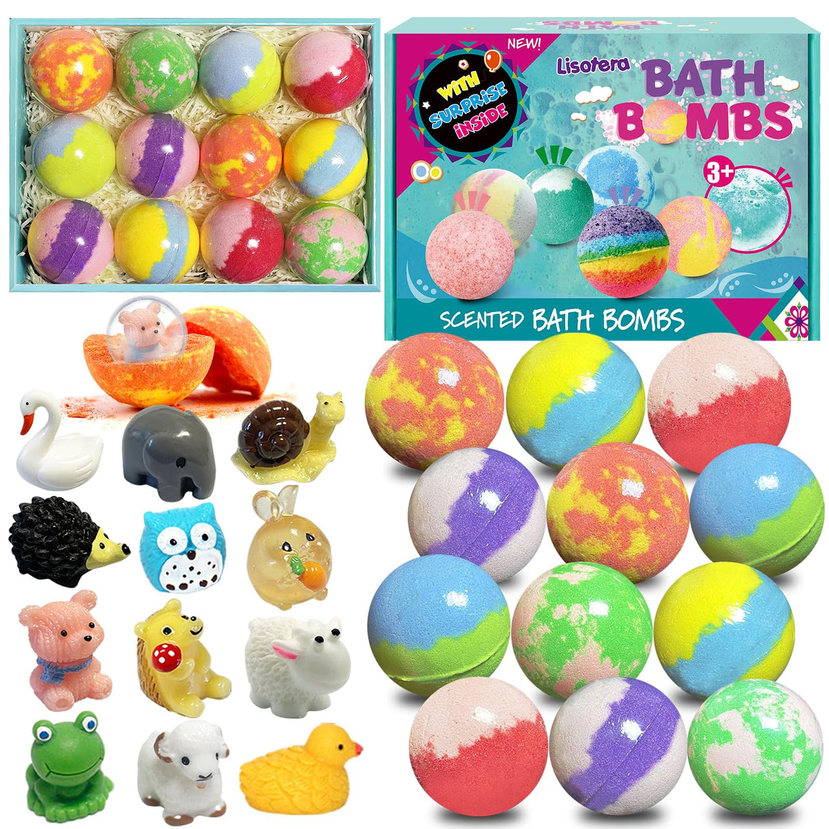 Lisotera front box packaging showing 12 wrapped bath bombs and toys for gifting