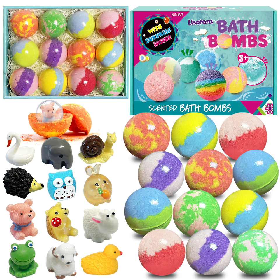 Lisotera front box packaging showing 12 wrapped bath bombs and toys for gifting