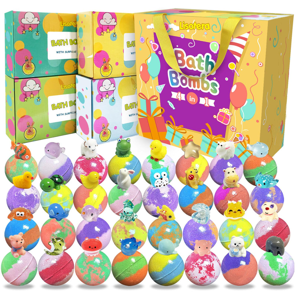 Lisotera front packaging showing 32 colorful bath bombs and handbag gift-ready