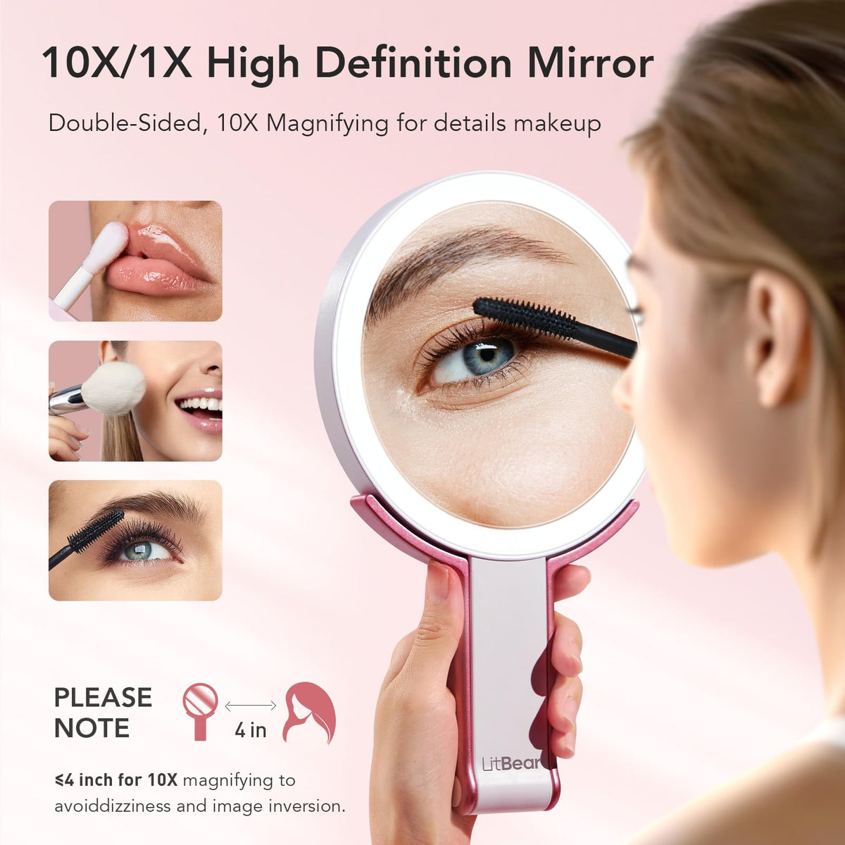 LitBear 10X magnification close detail showing lashes and brows for precise grooming