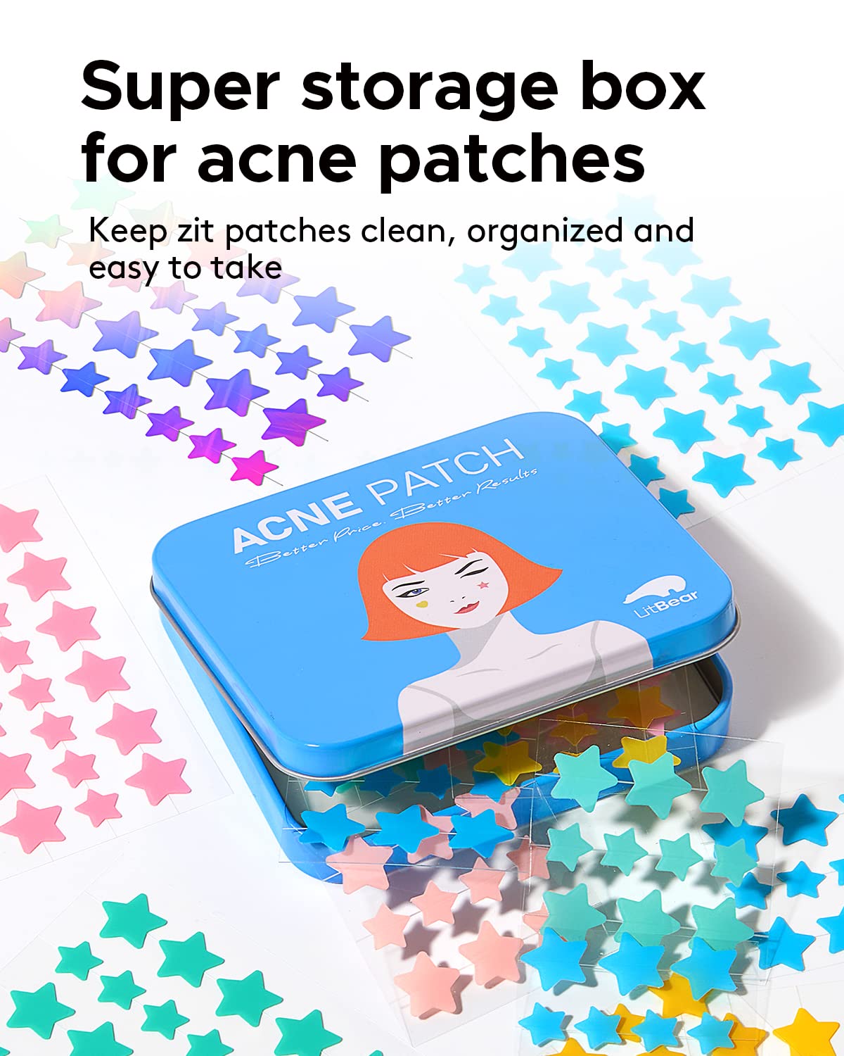 LitBear assortment of six color star patches on countertop, fun cosmetic option
