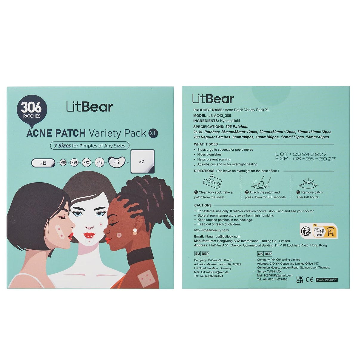 LitBear flat lay of all contents revealing 306 assorted patches for long-term use benefit