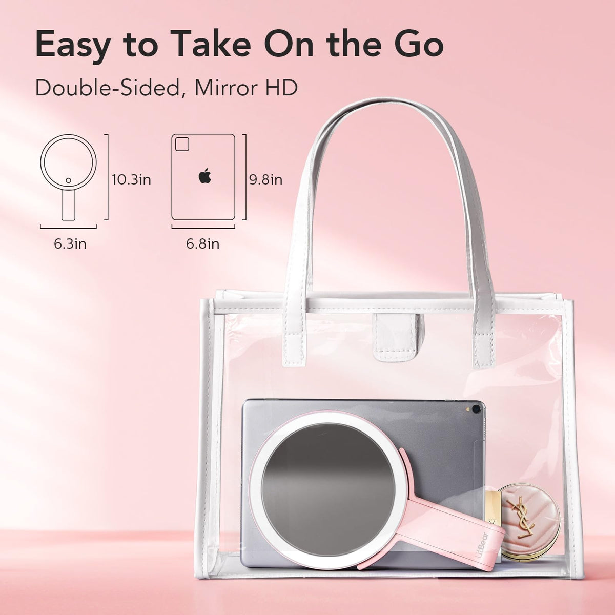 LitBear folded compact mirror fitting in a purse highlighting travel convenience
