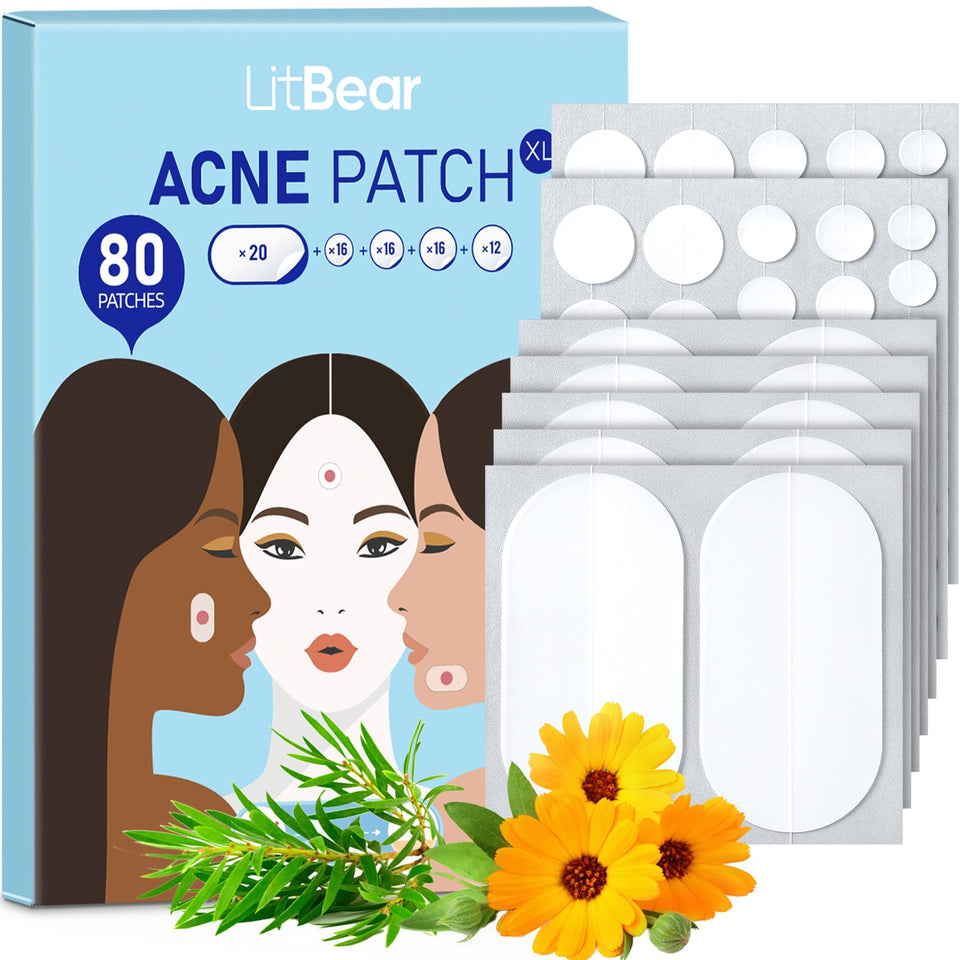 LitBear front packaging showing 80 large acne patches and sizes for quick identification