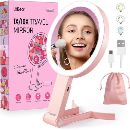 LitBear front view of pink lighted mirror showing LEDs and shape for precise lighting