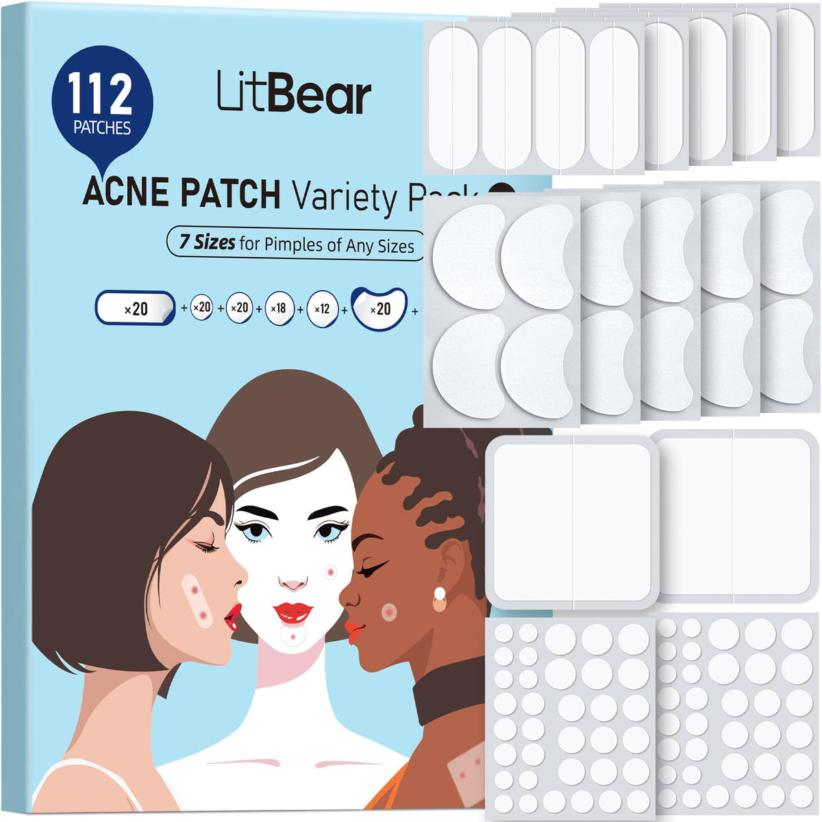 LitBear front packaging showing 7 sizes and 112 count for clear selection benefit