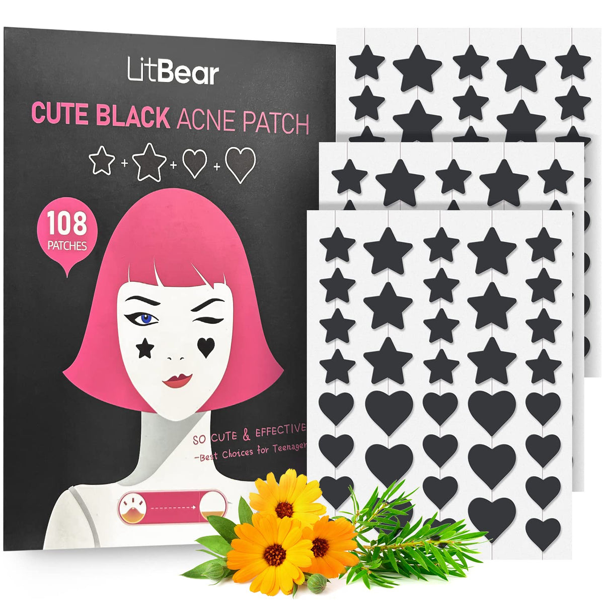 LitBear front packaging showing black star and heart patches and 108 count benefit