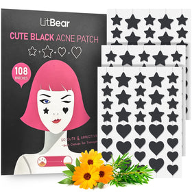 LitBear front packaging showing black star and heart patches and 108 count benefit