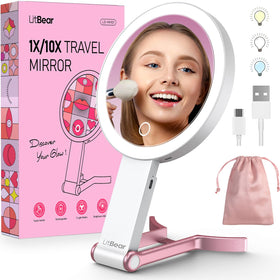 LitBear front view showing white lighted travel mirror and compact design, aids quick setup