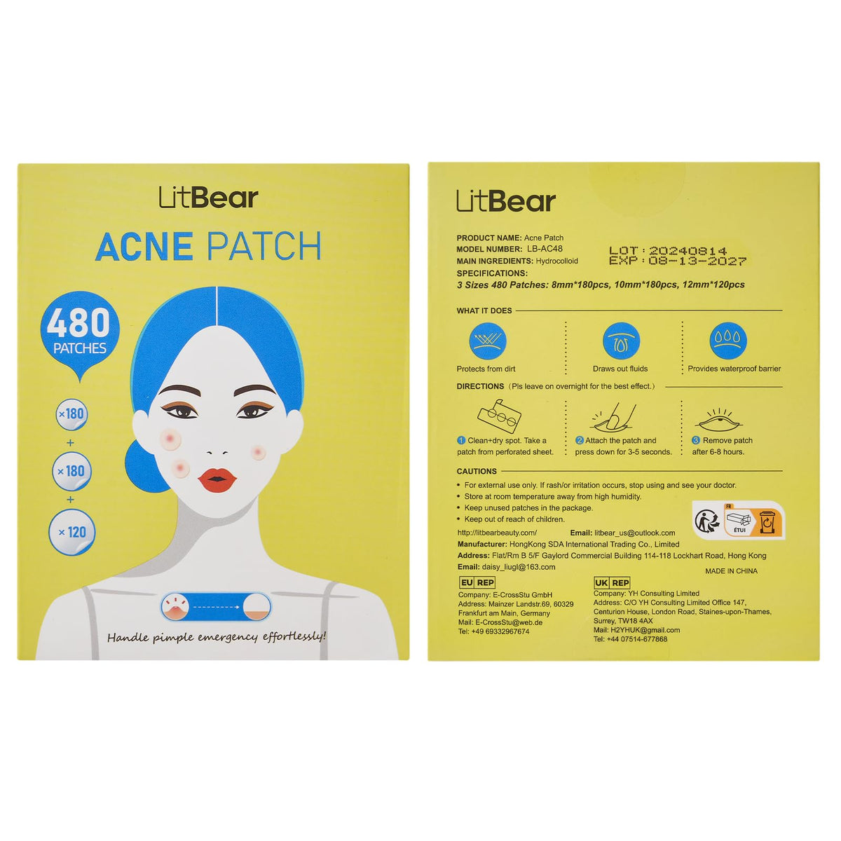 LitBear label close-up highlighting three sizes and 480 patches benefit