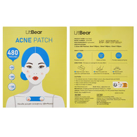 LitBear label close-up highlighting three sizes and 480 patches benefit