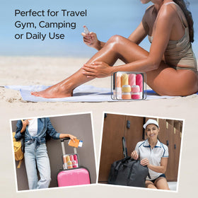 LitBear pink-accented kit staged in bathroom for travel-ready style