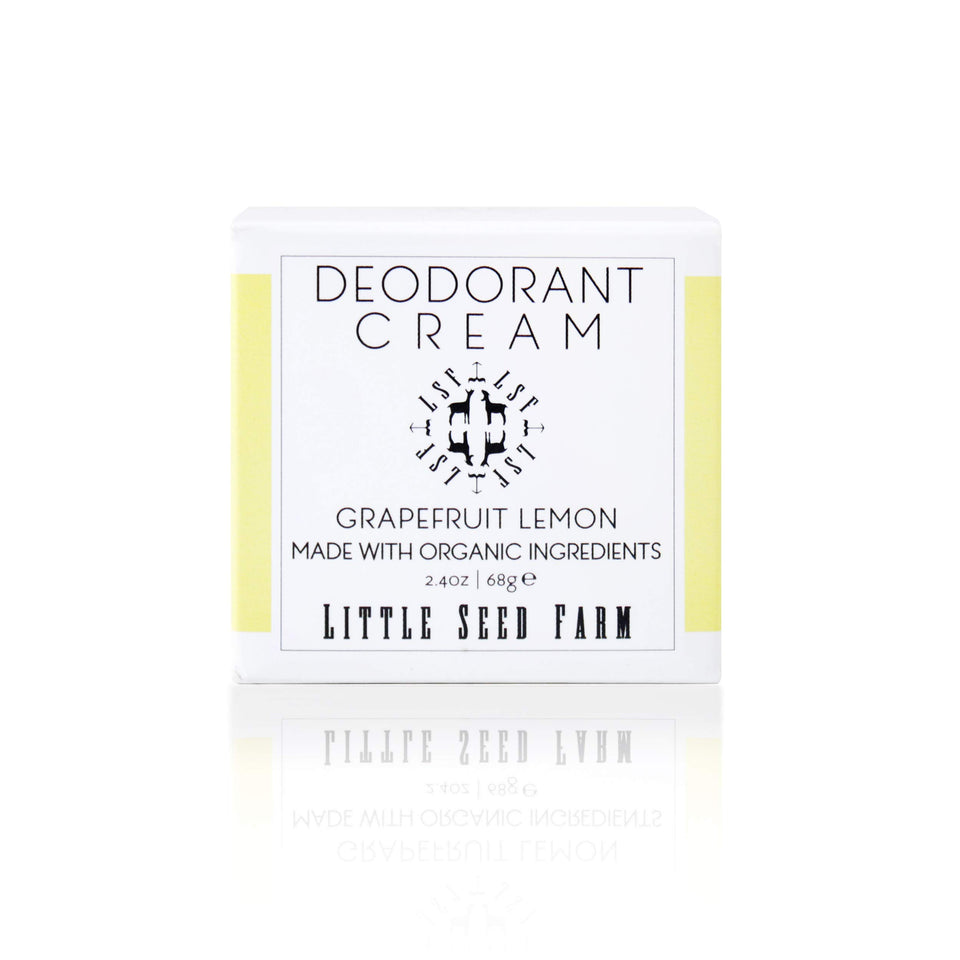 Little Seed Farm front jar view showing citrus deodorant and clean design benefits