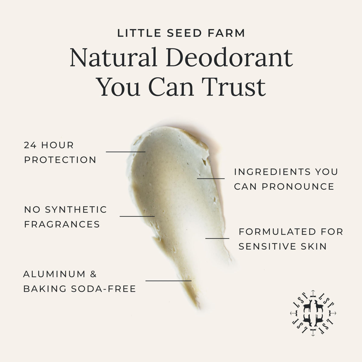 Little Seed Farm open jar revealing cream and charcoal specks for odor control