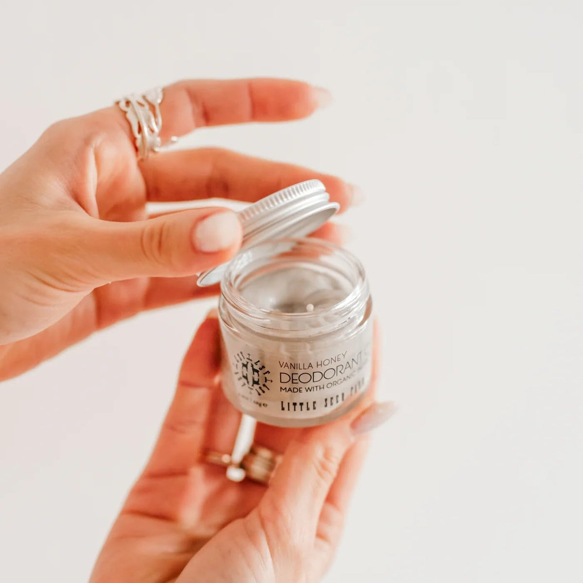 Little Seed Farm being applied to underarm illustrating gentle, mess-free coverage