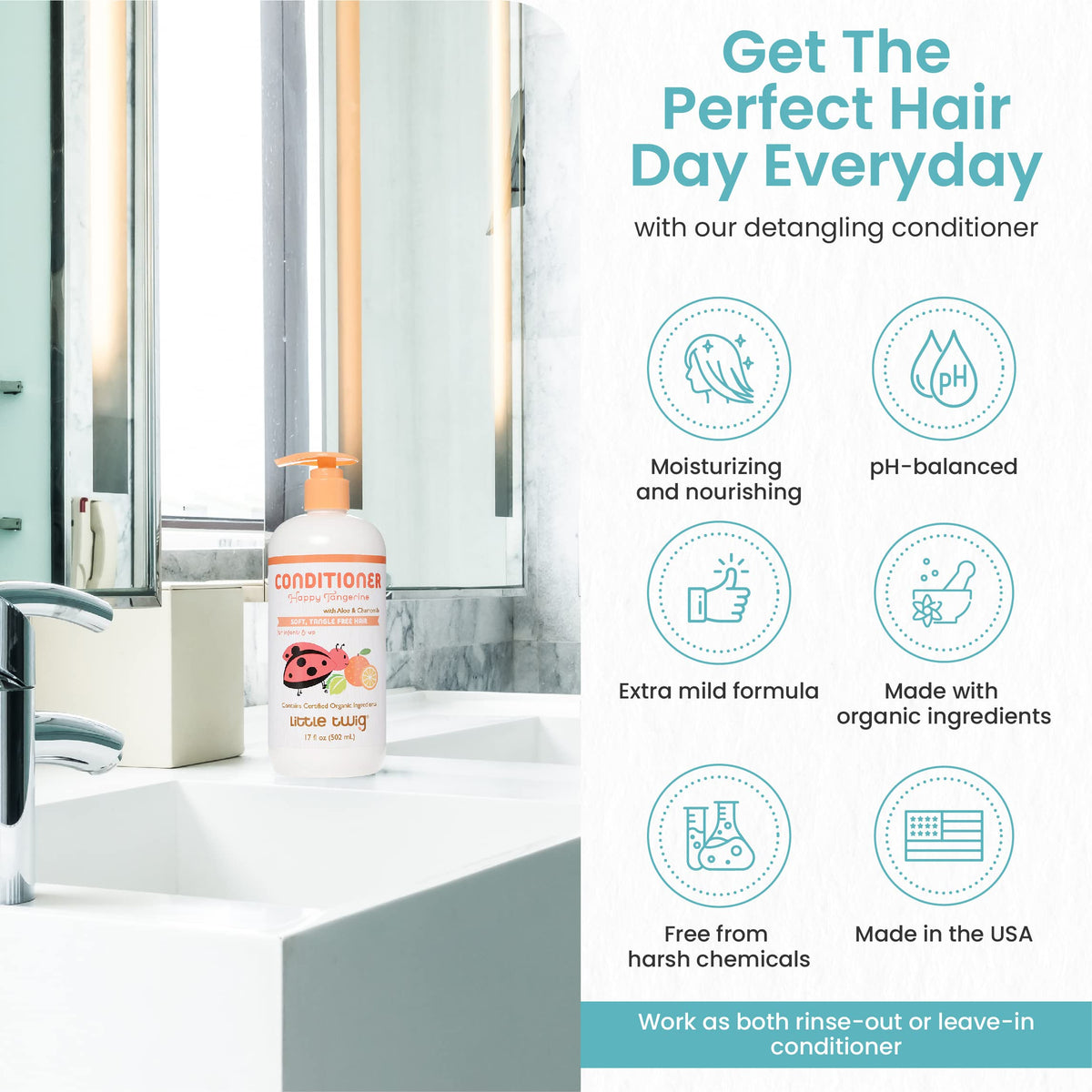 Little Twig conditioner in hand, easy-dispense and controllable amount