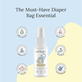 LITTLEY mist applied to child hands demonstrating quick clean-up