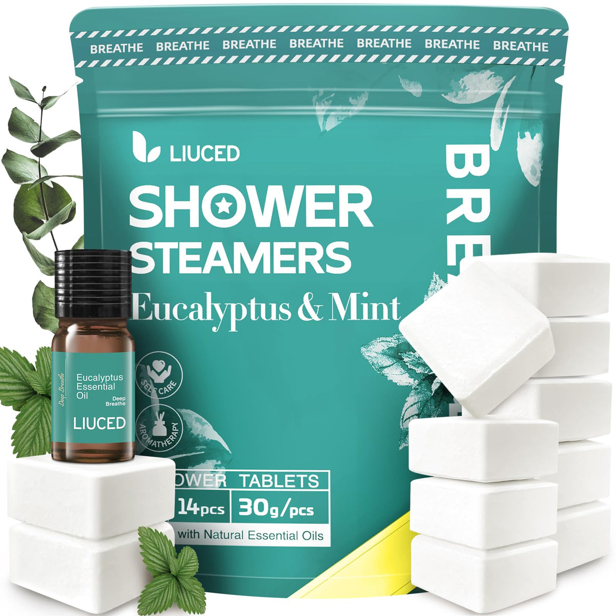 LIUCED front packaging showing 14+1 eucalyptus and mint steamers, easy gifting