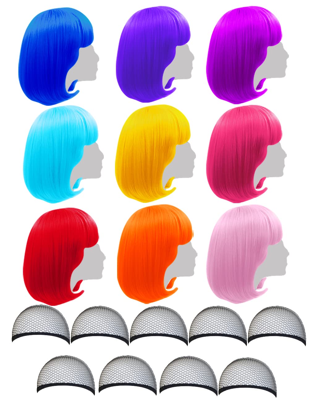 LIULIUBTY front view of nine neon wigs showing vibrant party-ready colors and convenience
