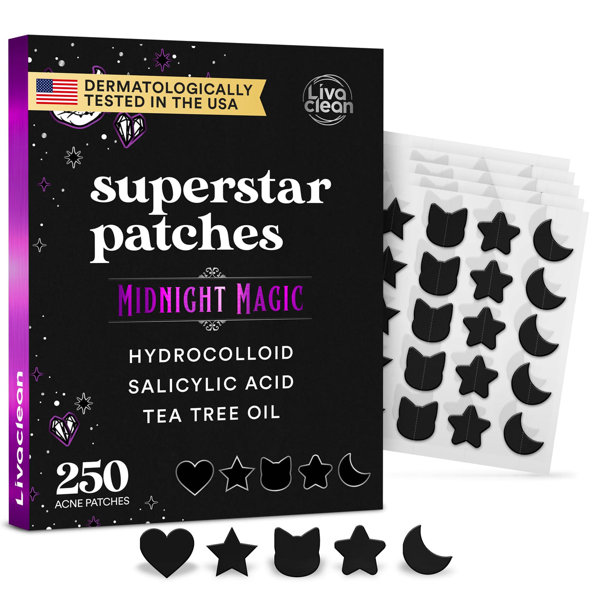 LivaClean front packaging showing 250 black star pimple patches for long-lasting coverage