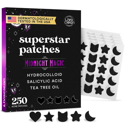 LivaClean front packaging showing 250 black star pimple patches for long-lasting coverage