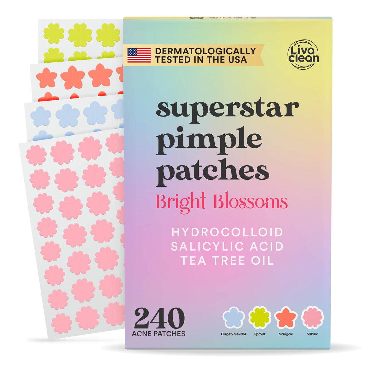 LivaClean front packaging showing 240 flower pimple patches and color variety for convenience