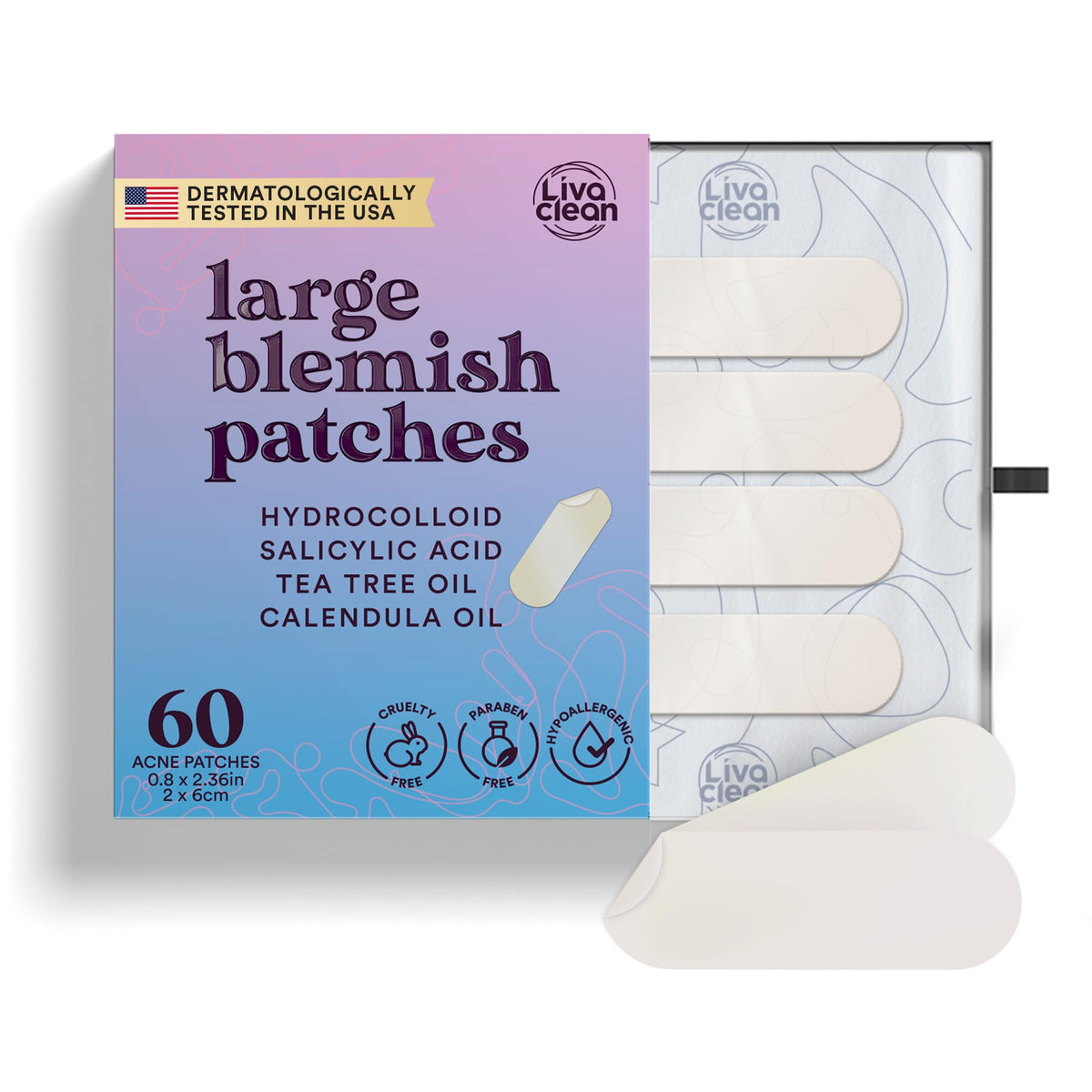 LivaClean front packaging showing 60 large pimple patches and benefits